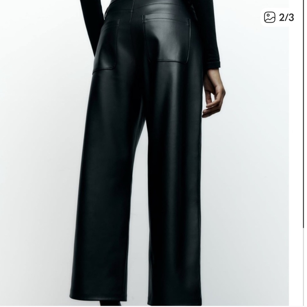 Zara Black faux leather Wide Leg Pants with gold buttons